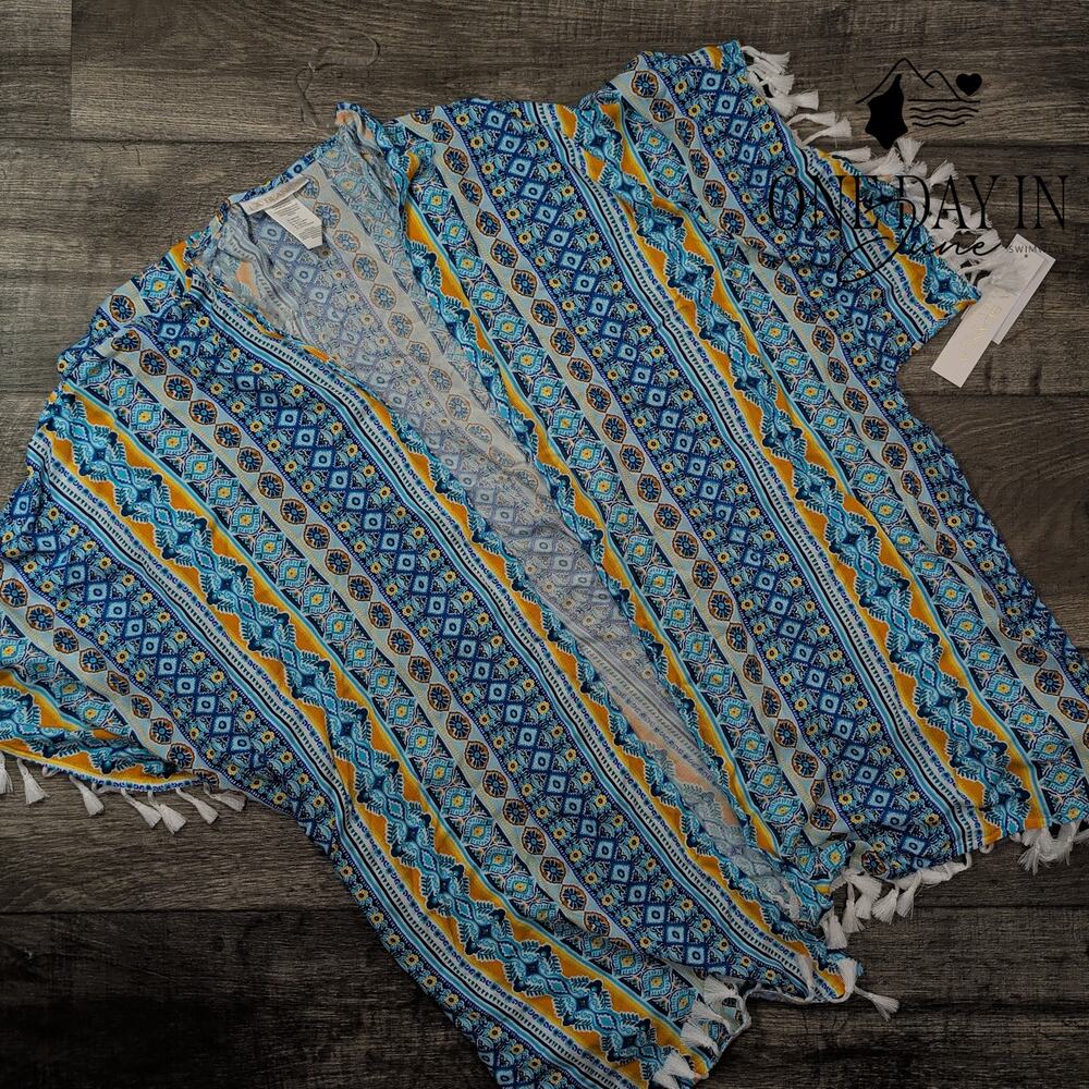 La Blanca Scarf City Kimono Swim Cover Up Blue Tassel Resortwear NWT Size OS